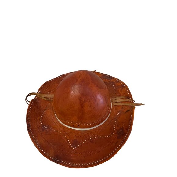 Wide Brim Vintage Leather Sun Hat Handmade Brazilian Natural Western Slouch Kid - Picture 4 of 15